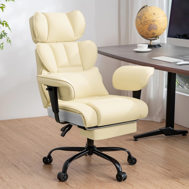 Irodai szék 200 kg, ergonomikus vezetői szék, PU bőr, lábtartóval, állítható háttámlával és karfákkal, forgatható kerekekkel, világosbarna