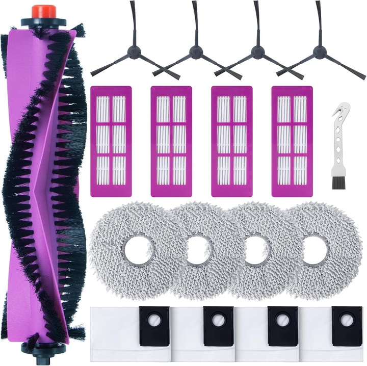 Set accesorii de schimb pentru aspirator robot Eureka J15 Pro Ultra, 18 piese, 1 perie principala, 4 perii laterale, 4 filtre, 4 saci de praf, 4 mopuri, 1 perie de curatare