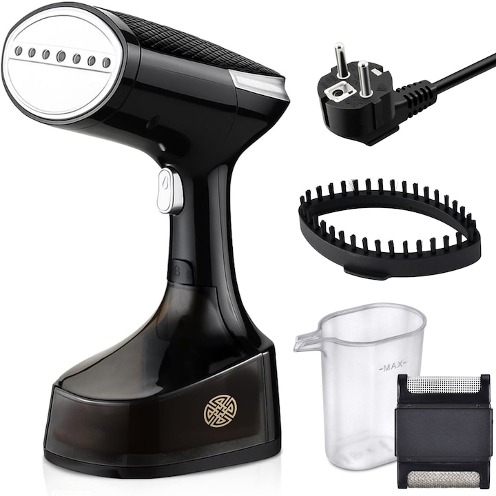 Aparat de Calcat Vertical cu Aburi POKKO®, Fier de Calcat Portabil, Incalzire Rapida 25 Secunde, 1600W, Rezervor 350 ml, Design Compact si Ergonomic, Statie Calcat, 1x Rola de Scame si 1x Pahar Gradat incluse