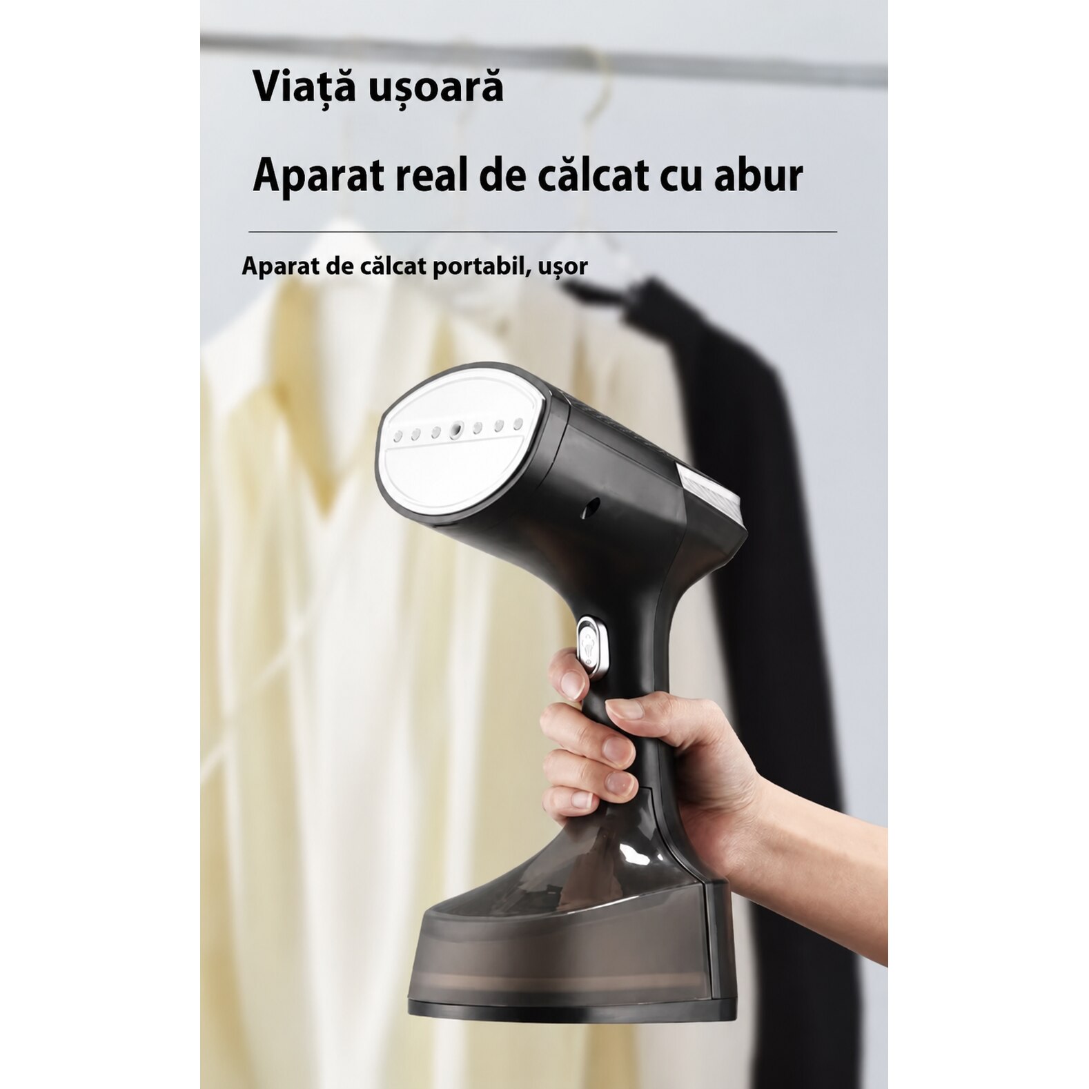 Aparat de Calcat Vertical cu Aburi POKKO®, Fier de Calcat Portabil, Incalzire Rapida 25 Secunde, 1600W, Rezervor 350 ml, Design Compact si Ergonomic, Statie Calcat, 1x Rola de Scame si 1x Pahar Gradat incluse