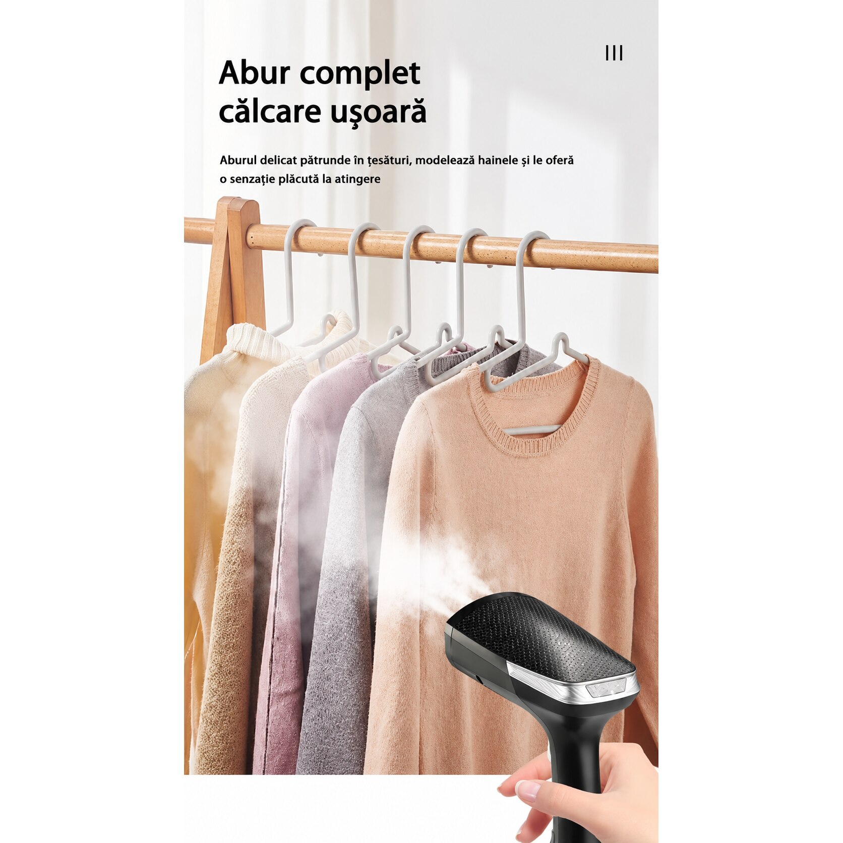Aparat de Calcat Vertical cu Aburi POKKO®, Fier de Calcat Portabil, Incalzire Rapida 25 Secunde, 1600W, Rezervor 350 ml, Design Compact si Ergonomic, Statie Calcat, 1x Rola de Scame si 1x Pahar Gradat incluse