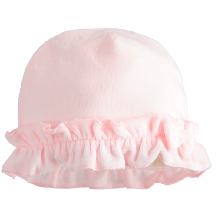 Caciula fetite nou-nascut iDO, din chenille delicata, cu volanase si fund, Roz pal