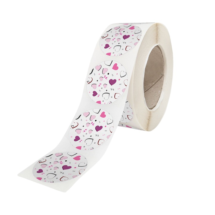 Rola 200 Stickere/Etichete autoadezive Model Love Pop Hearts 5A, Diametru 5cm