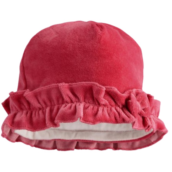 Caciula fetite nou-nascut iDO, din chenille delicata, cu volanase si fund, Roz inchis