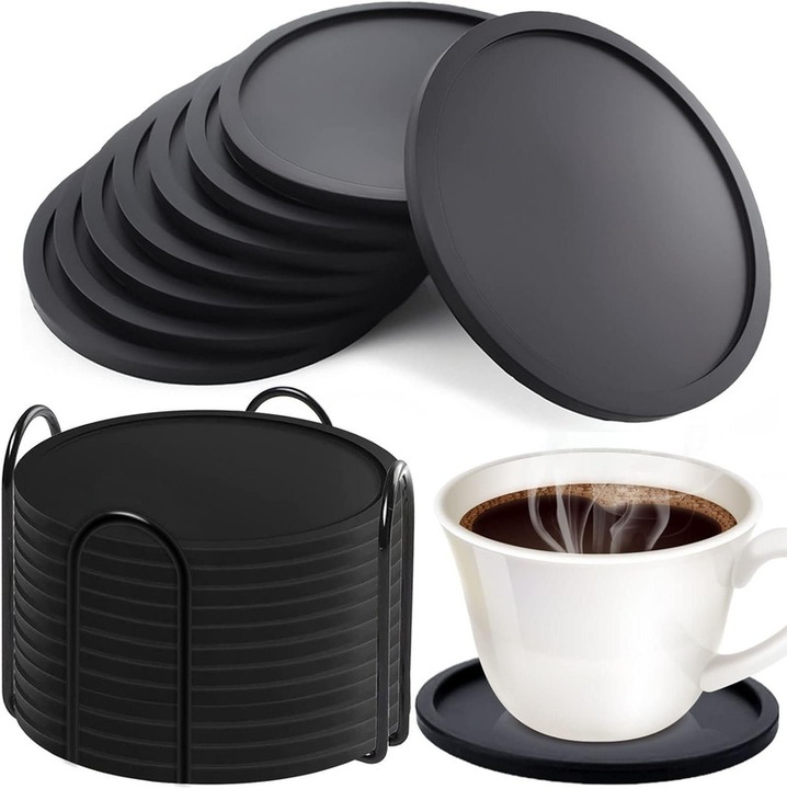 12 darabos szilikon alátét készlet, kerek, csúszásmentes, fém tartóval, otthoni és irodai használatra