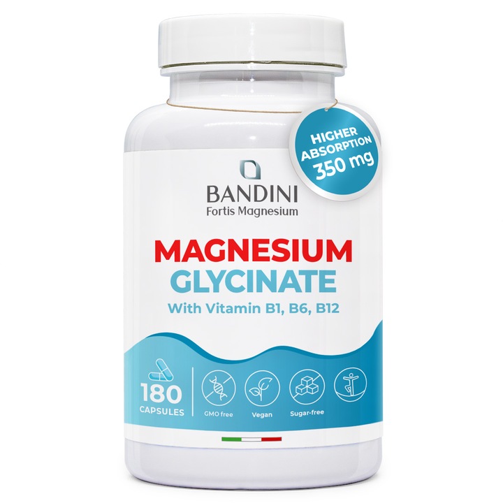 Bandini® Glicinat de magneziu, 350 mg bisglicinat de magneziu per doza, cu vitamine B1, B6 si B12, 180 de capsule vegane, pentru 2 luni, Impotriva stresului, oboselii si durerilor musculare, sustine sistemul nervos