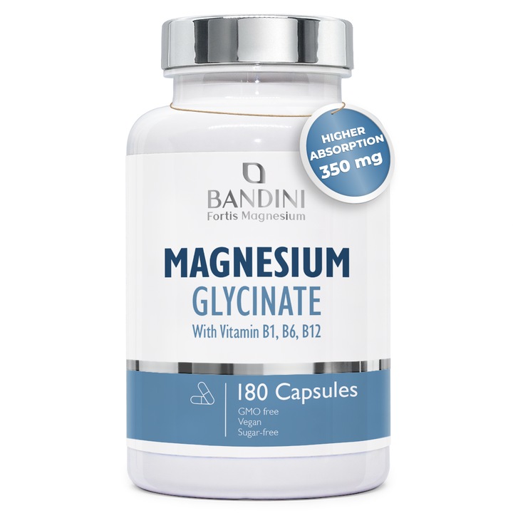 Bandini® Glicinat de magneziu | 350 mg bisglicinat de magneziu per doza, cu vitamine B1, B6 si B12 | 180 de capsule vegane, pentru 2 luni | Impotriva stresului, oboselii si durerilor musculare; sustine sistemul nervos