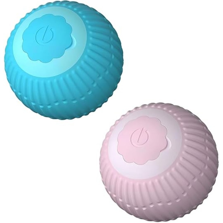 Set jucarii interactive pentru pisici, minge automata 4.2cm, design cu dungi, USB reincarcabil, albastru + roz