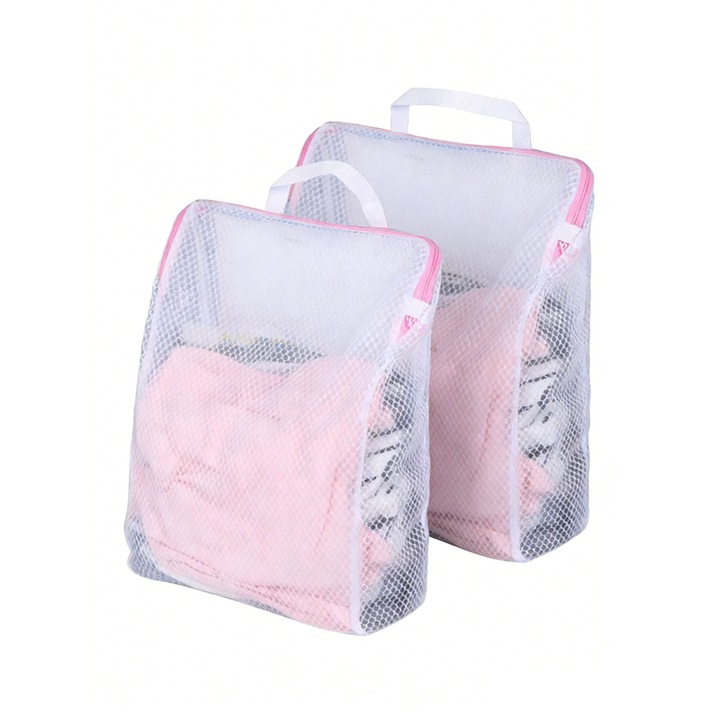 Sac de rufe cu fermoar si manere, set de 2, protejeaza hainele delicate, roz