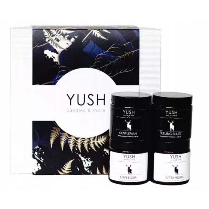 Set 4 lumanari parfumate din ceara naturala Yush, arome de chihlimbar si vanilie, 14 ore ardere, recipient reutilizabil