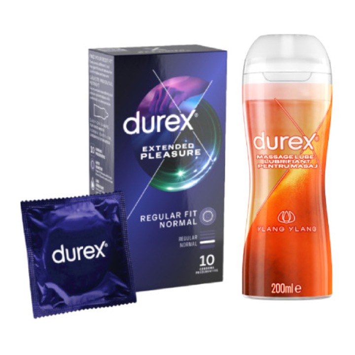 Pachet Durex, prezervative Extended Pleasure 10 bucăți, lubrifiant Sensual 200 ml, latex