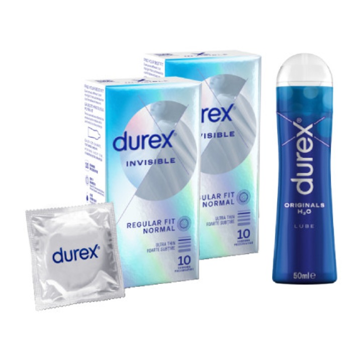 Pachet set Durex prezervative Invisible 2x10 buc, lubrifiant Originals 50 ml, transparent, 56 mm