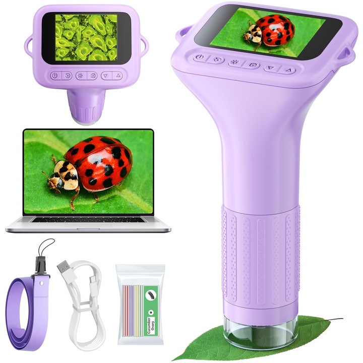 Microscop digital pentru copii, 100X-1000X, 1080P, mini portabil, ecran IPS, violet