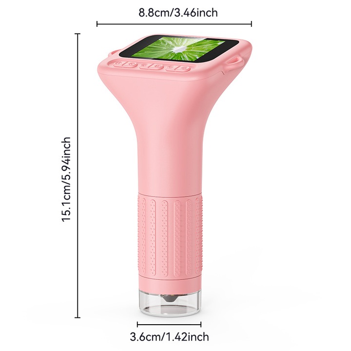 Microscop pentru copii, 100X-1000X, 1080P, mini portabil, ecran IPS, roz, set cu 12 diapozitive
