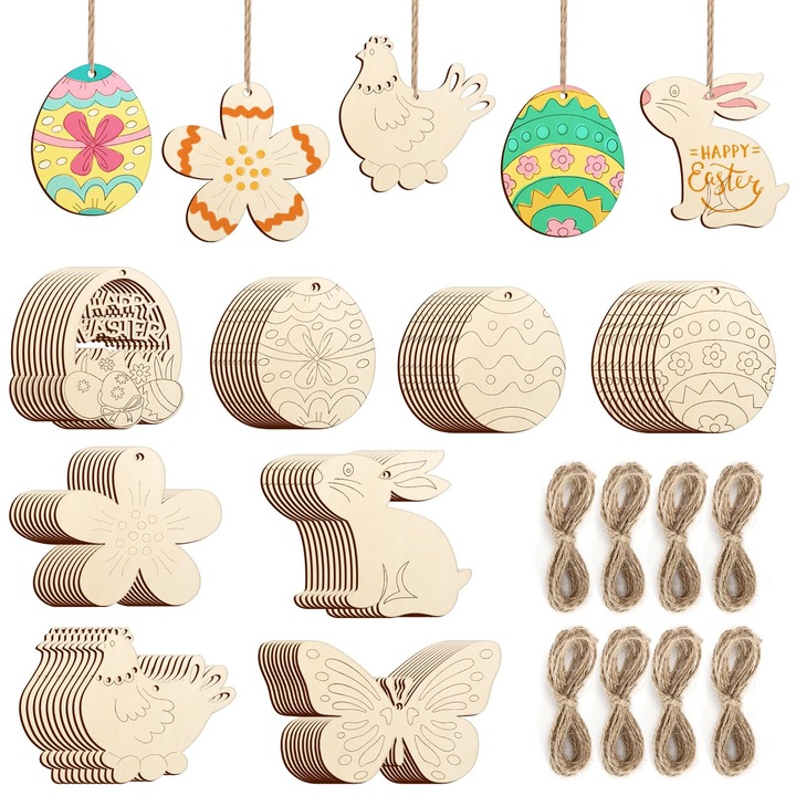 Set 32 piese ornamente din lemn, forme iepure, flori, fluturi, pentru decorare