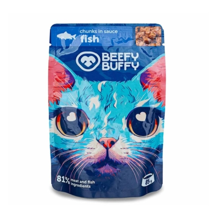 Мокра храна за котки Beefy Buffy, риба, 81% месо, 85g x 24 броя