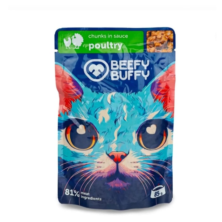 Мокра храна за котки Beefy Buffy, пилешко и пуешко 81%, 85g x 24