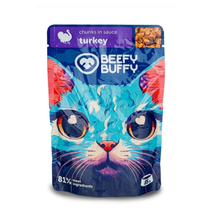 Мокра храна за котки Beefy Buffy, пуйка 81%, 85g x 24 броя