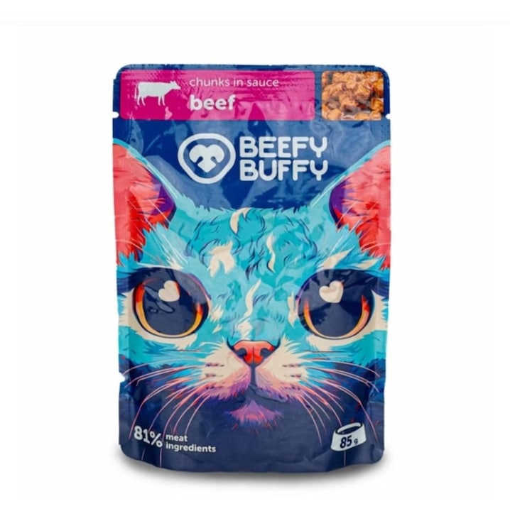 Мокра храна за котки Beefy Buffy, говеждо месо 81%, комплект 24x85g