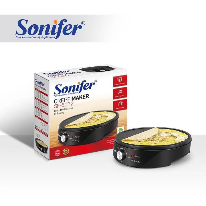 Aparat electric pentru preparat Clatite, suprafata de 30cm, invelis antiaderent pentru uz casnic, 1200W, termostat, negru, Sonifer SF-6072