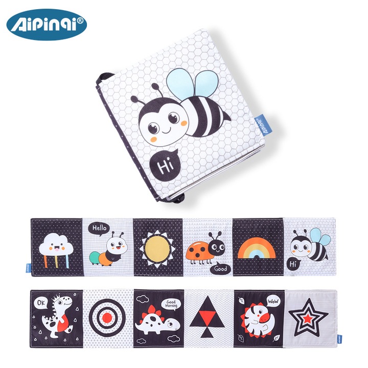 Carte moale de activitate pentru bebelusi, stimulare vizuala, 0-12 luni, modele alb-negru, cu oglinda, set jucarii interactive