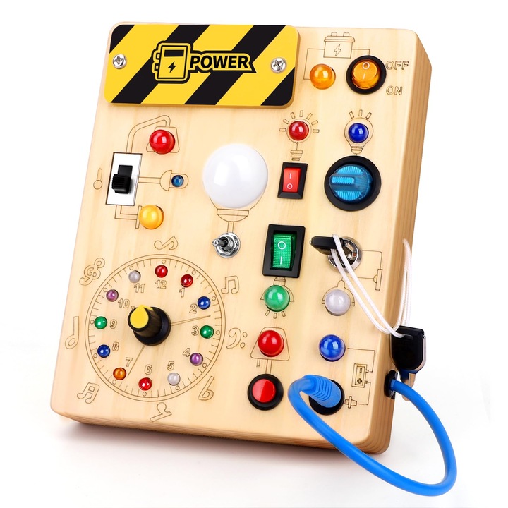 Tabla activitati pentru copii 1-3 ani, jucarie educativa, design Montessori, cu LED-uri, din lemn, portabila