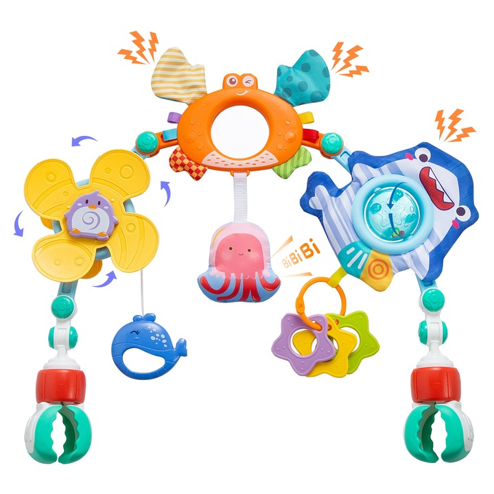 Jucarie pentru carucior, arc ajustabil, activitati senzoriale, culori vii, dimensiune universala