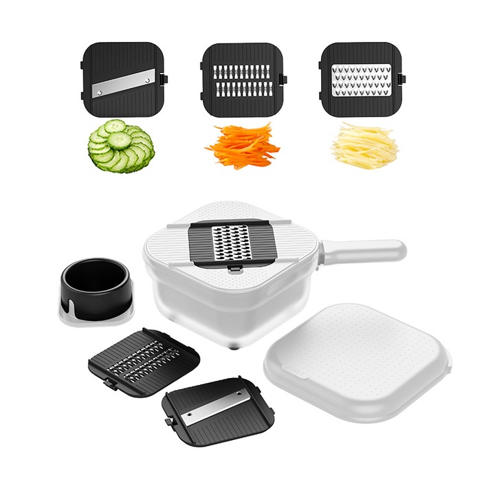 Tocator multifunctional, ORBER, potrivit pentru feliere, taiere in fasii, taiere cubulete, scurgere si macinare, pentru uz casnic, cu baza antiderapanta, din material ABS+PP, 600 g, 17.8 × 11 × 31 cm, alb