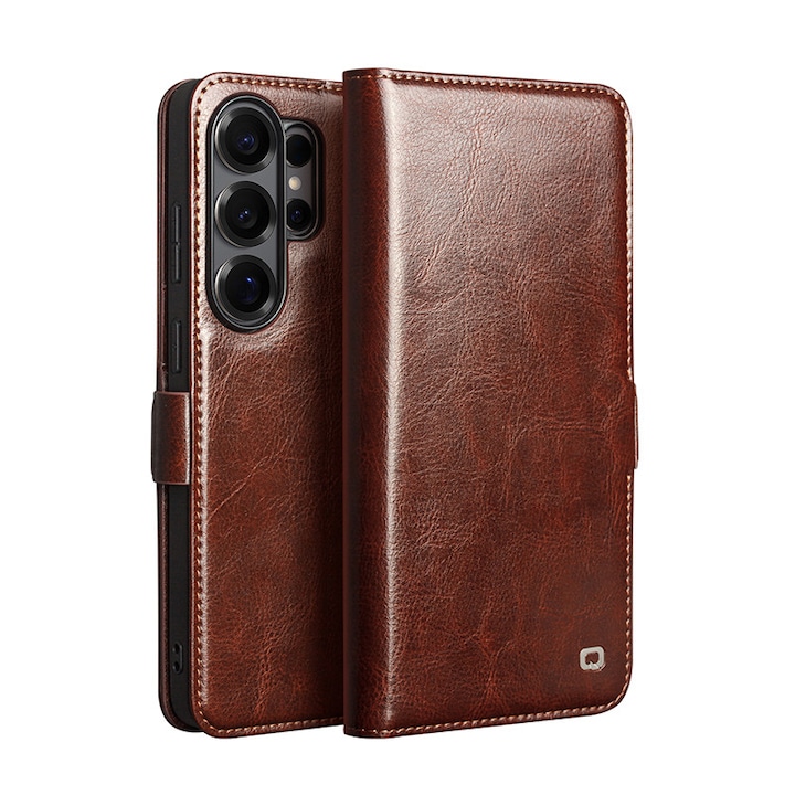 Husa pentru Samsung Galaxy S26 Ultra, piele naturala, tip carte, magnetica, portofel, Qialino Magnetic Classic Wallet, culoare Maro - Espresso brown