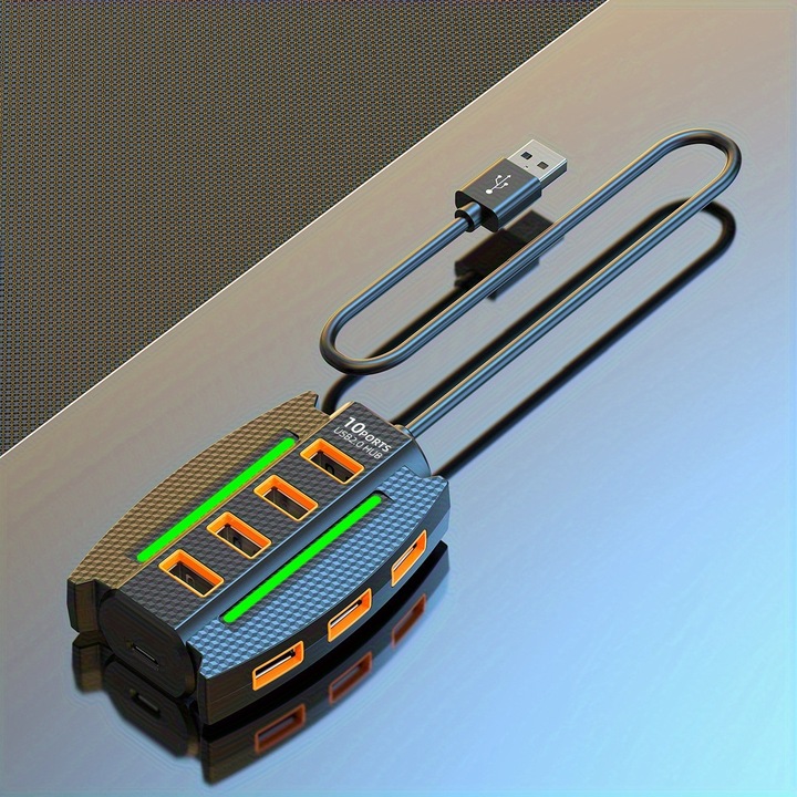 USB Hub 10 portos, több eszközös elosztó, hatékony adatátvitel, 1.2m, fekete