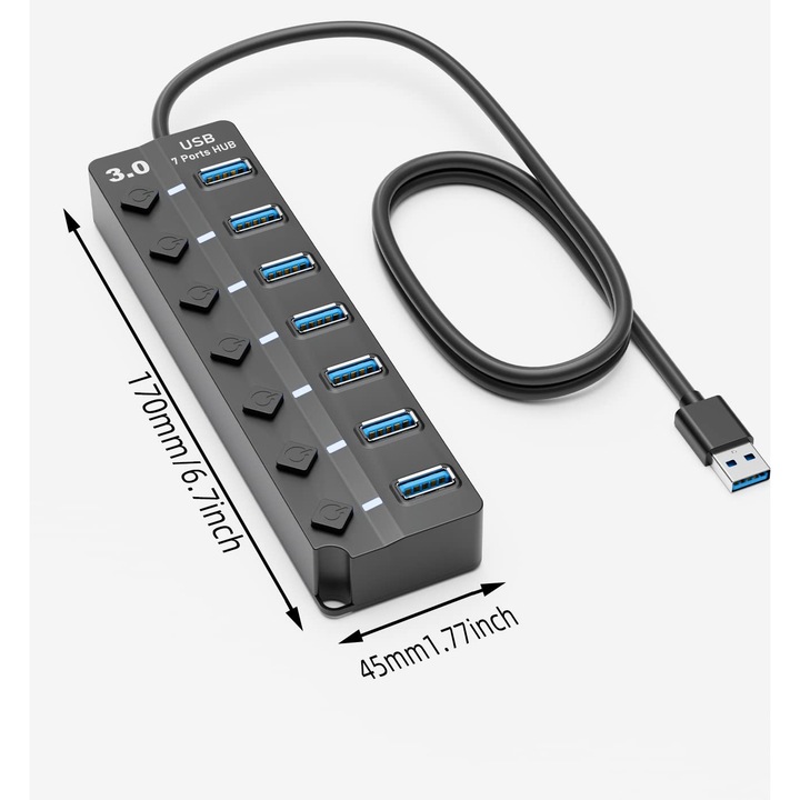Hub USB 3.0, 7 porturi, cablu de 1.5m, compatibilitate larga, portabil