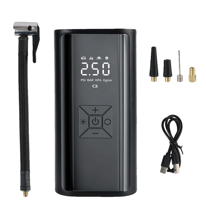 Felfújható pumpa, LED, vezeték nélküli, 150 PSI, 120W, kerékpárokhoz, motorkerékpárokhoz és személygépjárművekhez
