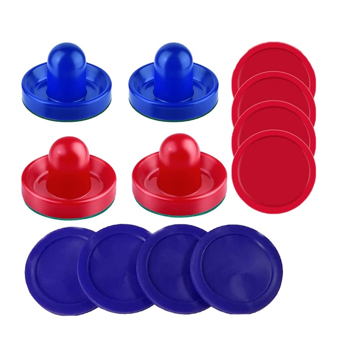 Set accesorii pentru Air Hockey, 4 palete, 8 pucuri, 4 pad-uri de protectie, albastru/rosu