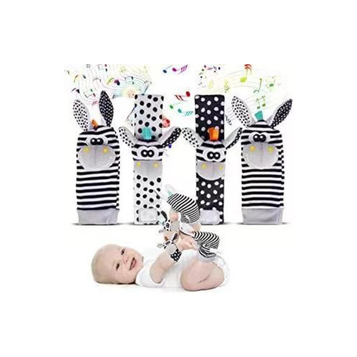 Babacsörgő játék szett, 4 darabos, csörgő zokni és karkötő, élénk színek, puha anyag, 0-12 hónapos korig