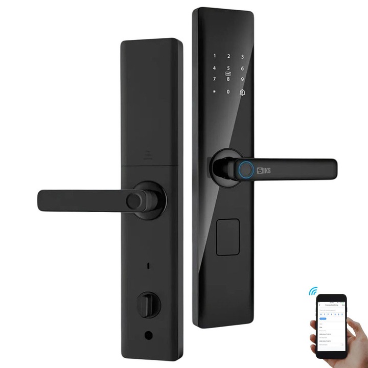 Yala Inteligenta SIKS Pentru Usa Cu Wifi, Smart Lock Cu Amprenta Digitala, Aplicatie Tuya Smart, Card RFID, Parola Si Cheie Mecanica, Yala Digitala Pentru Acces Securizat La Casa, Birou Si Usi Inteligente, Negru