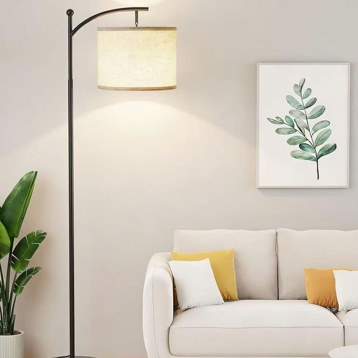 Lampa de podea LED cu intensitate reglabila, asskanaer, Cu bec E27, 3 culori lumina, 3000K-6000K, Abajur cu directie ajustabila, Intrerupator picior, Pentru living, birou, dormitor, Fier, Cu abajur bej din in, PVC, 158 cm inaltime, Cablu 3.5 m, Negru