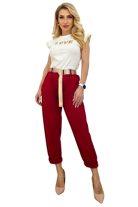 Pantaloni eleganti cu bumbac YASMIN, talie elastica si curea, Rosu, FashionForYou, Marimea universala S/M
