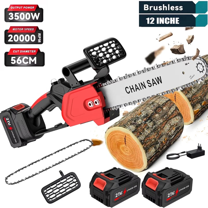 Elektromos láncfűrész, 2 akkumulátor, hordozható kivitel, piros, kefe nélküli motor