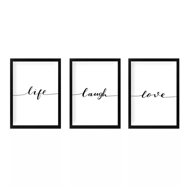 Set tablou decorativ Re-Bloom, 3 piese, MDF/plastic, alb/negru, 24 x 29 cm