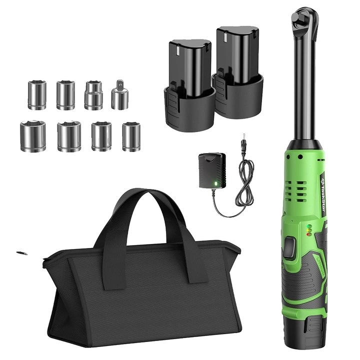 Cheie cu clichet electric, extensie, acumulator dual reincarcabil, doua baterii 2.0Ah, 12V, 50 N.m