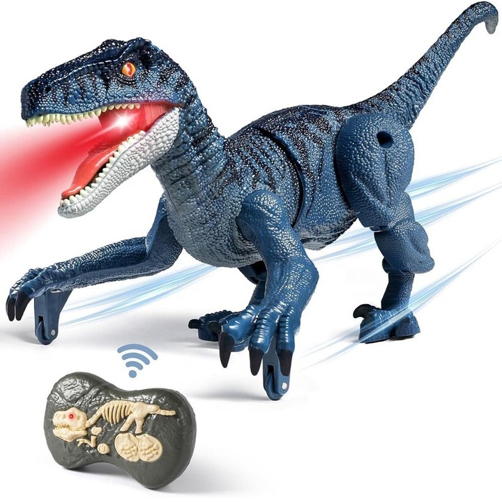 RQQM® távirányítós dinoszaurusz, interaktív Velociraptor robot gyerekeknek, 2.4GHz vezérlés, valósághű hangok és LED fények, csuklós mozgás, ajándék fiúknak 3-12 év, szürke/zöld