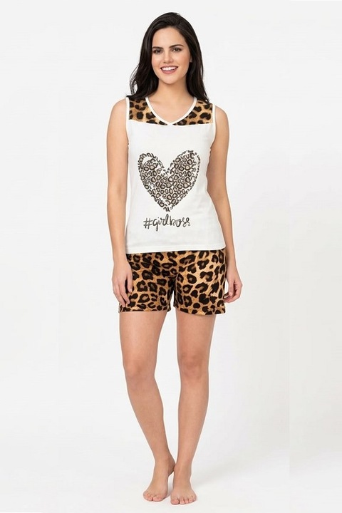 Pijamale dama Alis, 2 piese, maiou si pantaloni scurti, bumbac, Alb/Maro