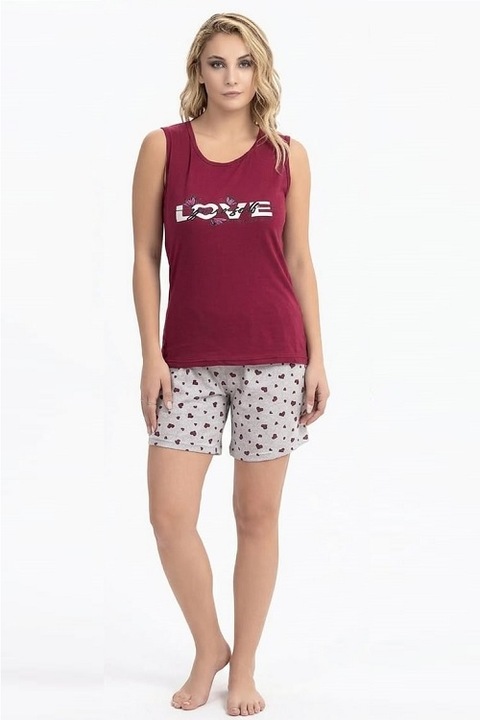 Pijamale dama Alis, 2 piese, maiou si pantaloni scurti, bumbac, Rosu/Gri