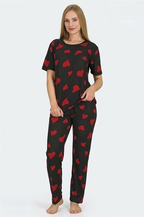 Pijamale dama Alis, 2 piese, bluza maneca scurta si pantaloni lungi, Negru