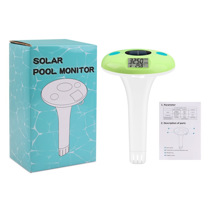 Detector de calitate a apei 2-in-1 pentru salinitate/temperatura, solar, 200x127x127mm, 172g