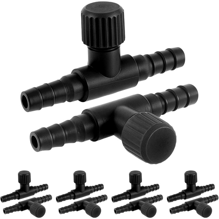 Valva de control T pentru acvarii, set de 2 bucati, 1.5"x0.8", plastic negru, pentru tub de 4mm