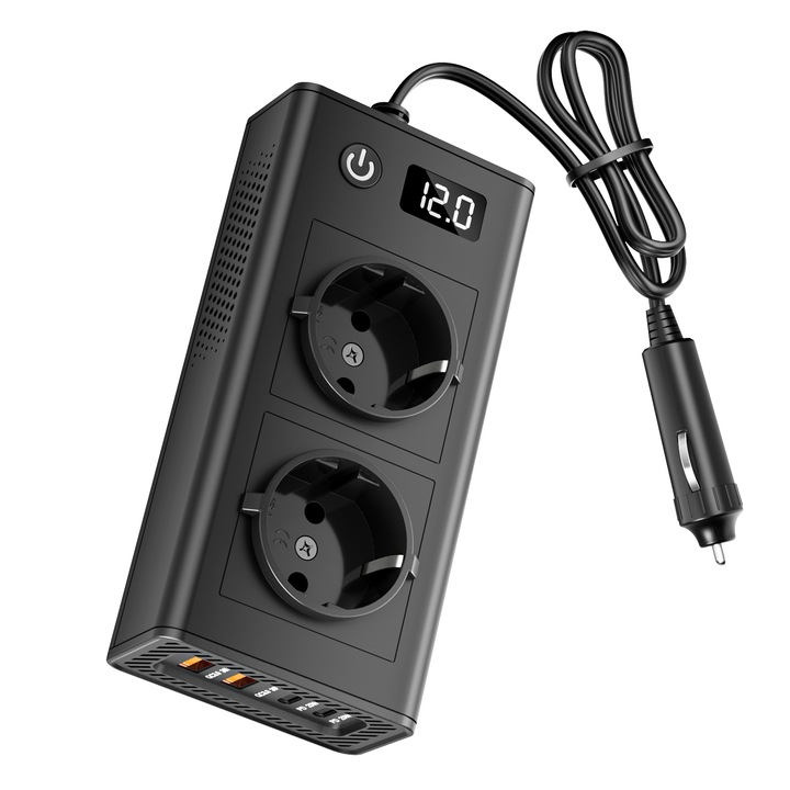 Autó inverter, AC12V-DC 220V, 150W teljesítmény, 2 EU aljzat, 2xUSB QC3.0 20W, 2xType-C PD 20W, digitális kijelző, hőmérsékletvédelem, Fekete