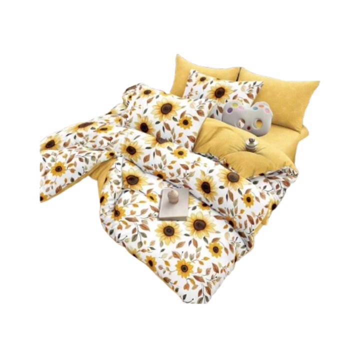 Ágynemű, 2 személyes, 6 részes, 220x240 cm, virágmintás sárga alapon