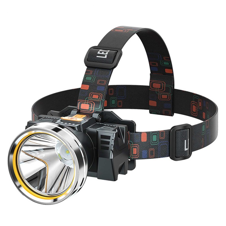 LED челник, Aiorber, сребрист пръстен за фокусиране от алуминиева сплав, ABS материал, три режима на работа, зареждане чрез Micro USB, подходящ за туризъм, къмпинг и нощен риболов, черен