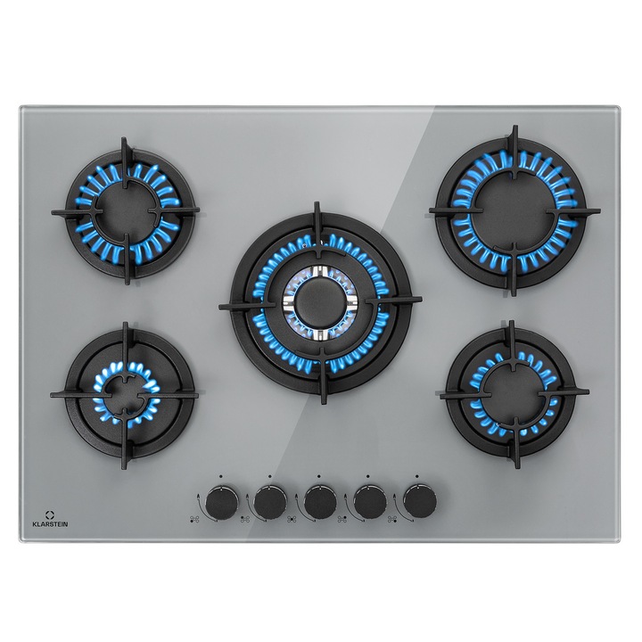 Plită pe gaz Klarstein Firetale, 5 arzătoare din aluminiu, 70 cm, includ furtun și reductor de presiune